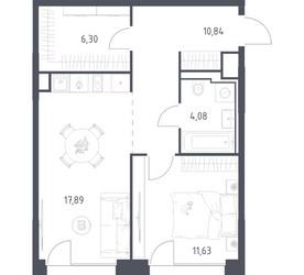 Планировка однокомнатной(квартира) площадью 50.74 квадратных метров в ЖК “ЖК Квартал на воде (Графика на воде)”