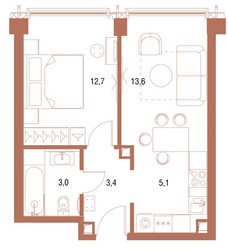 Планировка однокомнатной(квартира) площадью 40.7 квадратных метров в ЖК “ЖК Symphony 34 (Симфония 34)”