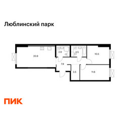 Планировка двухкомнатной(квартира) площадью 60.8 квадратных метров в ЖК “ЖК Люблинский парк”