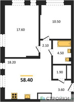 Планировка двухкомнатной(квартира) площадью 58.4 квадратных метров в “ЖК Первый Московский”