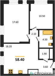 Планировка двухкомнатной(квартира) площадью 58.4 квадратных метров в ЖК “ЖК Первый Московский”