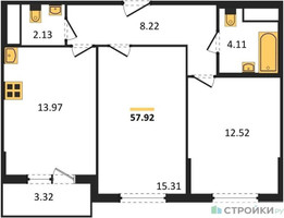 Планировка двухкомнатной(квартира) площадью 57.92 квадратных метров в “ЖК Светлый мир БиоПолис”