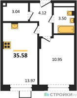 Планировка однокомнатной(квартира) площадью 35.58 квадратных метров в “ЖК Новоград Павлино”