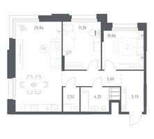 Планировка двухкомнатной(апартаменты) площадью 65.37 квадратных метров в “ЖК Апарт-отель Тропарево парк”