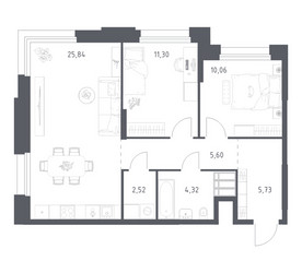 Планировка двухкомнатной(апартаменты) площадью 65.37 квадратных метров в ЖК “ЖК Апарт-отель Тропарево парк”