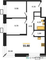 Планировка двухкомнатной(квартира) площадью 55.88 квадратных метров в ЖК “ЖК Апарт-отель Тропарево парк”