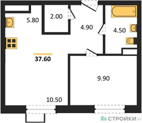 Планировка однокомнатной(квартира) площадью 37.6 квадратных метров в ЖК “ЖК ЭкоБунино (Южное Бунино)”