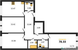 Планировка трехкомнатной(квартира) площадью 78.33 квадратных метров в “ЖК Остафьево”