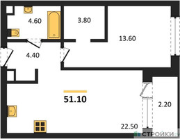 Планировка однокомнатной(квартира) площадью 51.1 квадратных метров в “ЖК SOUL (СОУЛ)”