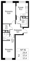 Планировка двухкомнатной(квартира) площадью 57.4 квадратных метров в “ЖК Цветочные Поляны Сити”