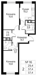 Планировка двухкомнатной(квартира) площадью 57.4 квадратных метров в ЖК “ЖК Цветочные Поляны Сити”