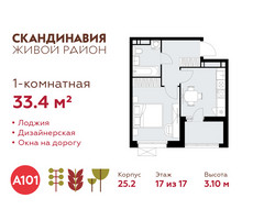 Планировка однокомнатной(квартира) площадью 33.4 квадратных метров в “ЖК Скандинавия”