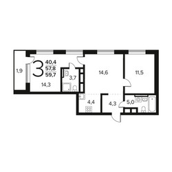 Планировка трехкомнатной(квартира) площадью 59.7 квадратных метров в ЖК “Новые Ватутинки. Заречный”