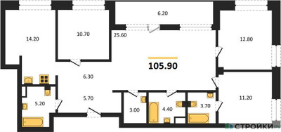 Планировка 4+ комнатной(квартира) площадью 105.9 квадратных метров в ЖК “ЖК STONE Rise (Райз)”