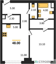 Планировка однокомнатной(квартира) площадью 48.6 квадратных метров в ЖК “ЖК АЛИА”