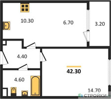 Планировка однокомнатной(квартира) площадью 42.3 квадратных метров в “Жилой квартал Новое Медведково”