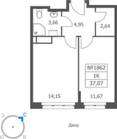 Планировка однокомнатной(апартаменты) площадью 37.07 квадратных метров в “ЖК Волковская 67”