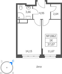 Планировка однокомнатной(апартаменты) площадью 37.07 квадратных метров в ЖК “ЖК Волковская 67”