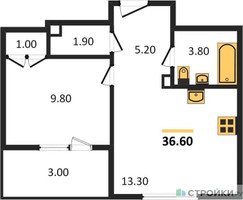 Планировка однокомнатной(квартира) площадью 36.6 квадратных метров в “ЖК Режиссер”
