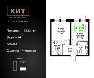 Планировка двухкомнатной(квартира) площадью 38.87 квадратных метров в ЖК “ЖК КИТ 2”