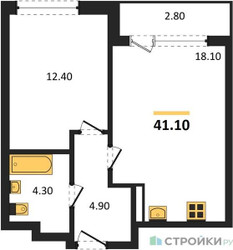 Планировка однокомнатной(квартира) площадью 41.1 квадратных метров в ЖК “ЖК Прокшино”