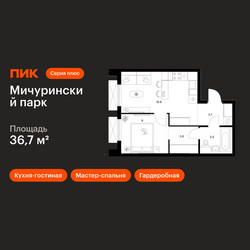 Планировка однокомнатной(квартира) площадью 36.7 квадратных метров в ЖК “ЖК Мичуринский Парк”