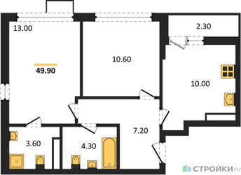 Планировка двухкомнатной(квартира) площадью 49.9 квадратных метров в ЖК “ЖК Скандинавия”