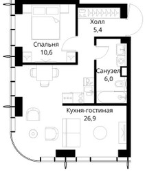 Планировка однокомнатной(квартира) площадью 48.9 квадратных метров в ЖК “ЖК Сити Бэй”
