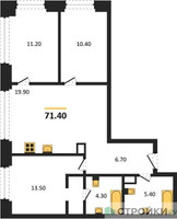 Планировка трехкомнатной(квартира) площадью 71.4 квадратных метров в “ЖК Voice Towers (Войс Тауэрс)”