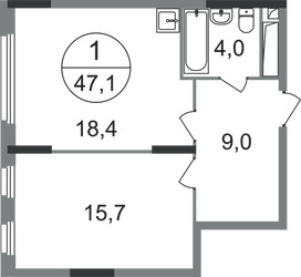 Планировка однокомнатной(квартира) площадью 47.1 квадратных метров в ЖК “ЖК Переделкино Ближнее”