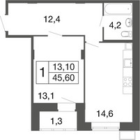 Планировка однокомнатной(квартира) площадью 45.5 квадратных метров в “ЖК Времена года”