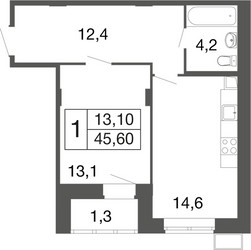 Планировка однокомнатной(квартира) площадью 45.5 квадратных метров в ЖК “ЖК Времена года”