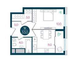 Планировка однокомнатной(квартира) площадью 33 квадратных метров в “ЖК РУСИЧ-Кантемировский”