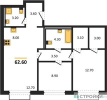 Планировка двухкомнатной(квартира) площадью 62.6 квадратных метров в “ЖК Равновесие”