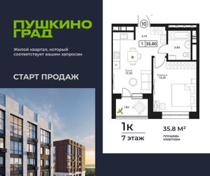 Планировка однокомнатной(квартира) площадью 35.8 квадратных метров в ЖК “ЖК Пушкино Град”
