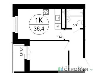 Планировка однокомнатной(квартира) площадью 36.4 квадратных метров в ЖК “ЖК Одинцовские кварталы”