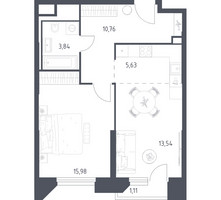 Планировка однокомнатной(апартаменты) площадью 50.86 квадратных метров в “ЖК Скай Спутник”