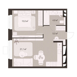 Планировка однокомнатной(квартира) площадью 43.9 квадратных метров в ЖК “ЖК Гранд Комфорт”