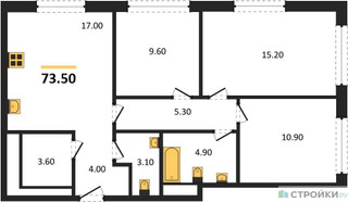 Планировка трехкомнатной(квартира) площадью 73.5 квадратных метров в “ЖК Сиреневый парк”