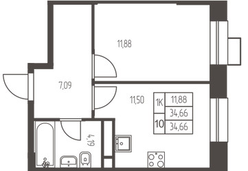 Планировка однокомнатной(квартира) площадью 34.6 квадратных метров в ЖК “ЖК Новая Ивантеевка”