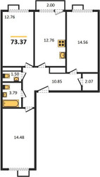 Планировка трехкомнатной(квартира) площадью 73.37 квадратных метров в ЖК “ЖК Катуар”