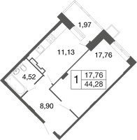 Планировка однокомнатной(квартира) площадью 44.3 квадратных метров в “ЖК Времена года”
