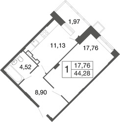 Планировка однокомнатной(квартира) площадью 44.3 квадратных метров в ЖК “ЖК Времена года”
