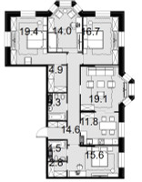 Планировка 4+ комнатной(квартира) площадью 126.2 квадратных метров в “ЖК Театральный квартал”