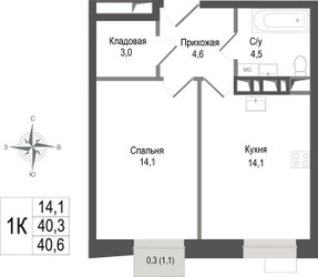 Планировка однокомнатной(квартира) площадью 40.4 квадратных метров в ЖК “ЖК КИНОКВАРТАЛ”