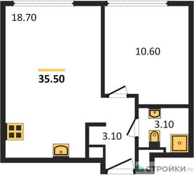 Планировка однокомнатной(квартира) площадью 35.5 квадратных метров в ЖК “ЖК Wave (Вейв)”