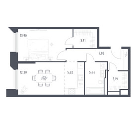 Планировка однокомнатной(апартаменты) площадью 52.04 квадратных метров в ЖК “ЖК Скай Спутник”