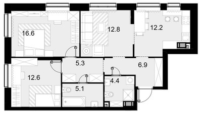 Планировка трехкомнатной(квартира) площадью 76 квадратных метров в ЖК “ЖК Crystal Трилогия (Кристал)”