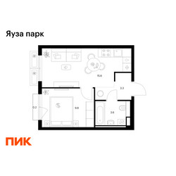 Планировка однокомнатной(квартира) площадью 32.5 квадратных метров в ЖК “ЖК Яуза Парк (Мытищи)”