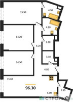 Планировка трехкомнатной(квартира) площадью 96.3 квадратных метров в “ЖК Родина Переделкино”